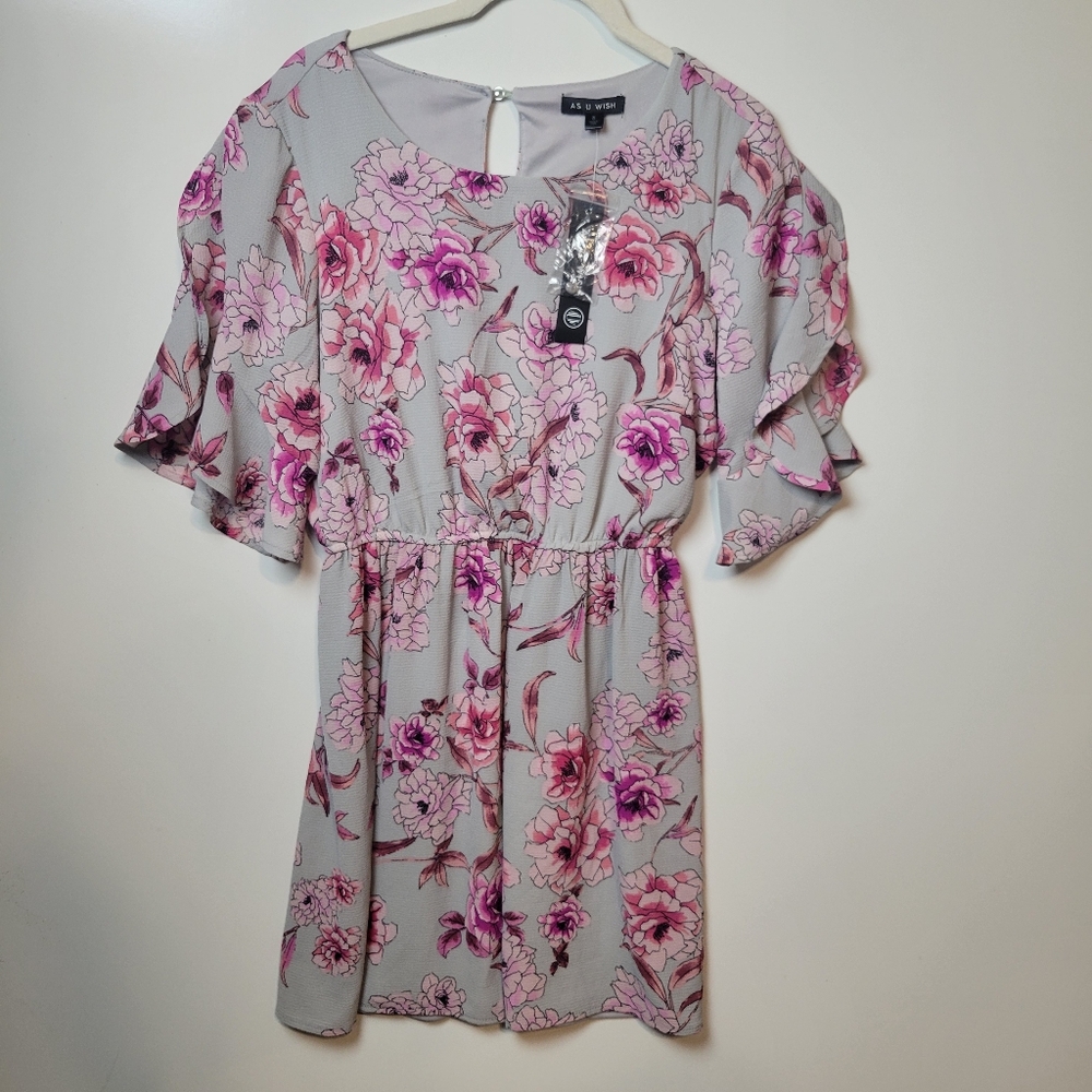 NEW OPEN ARM FLORAL MINI DRESS PINK GRAY PURPLE TRAVEL WRINKLE RESIST SMALL NWT
